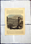 Original Old Antique Print Heidelberg Castle Building Exterior View Trees