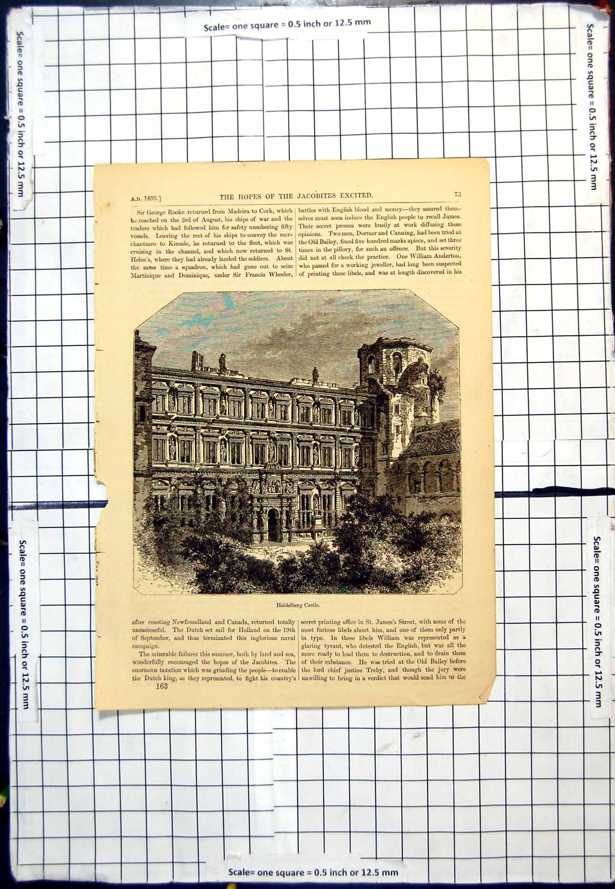 Original Old Antique Print Heidelberg Castle Building Exterior View Trees