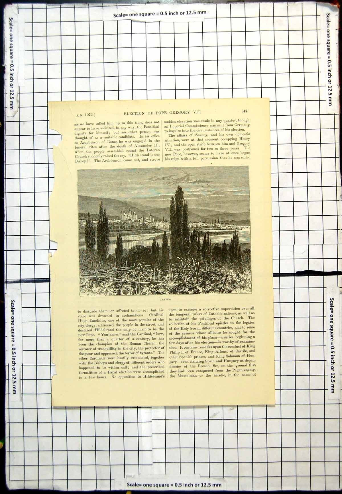 Original Old Antique Print Treves View City Across Water Trees Bridge