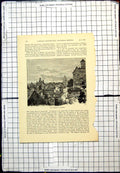 Original Old Antique Print Kaiserberg Nuremberg Buildings Street View People