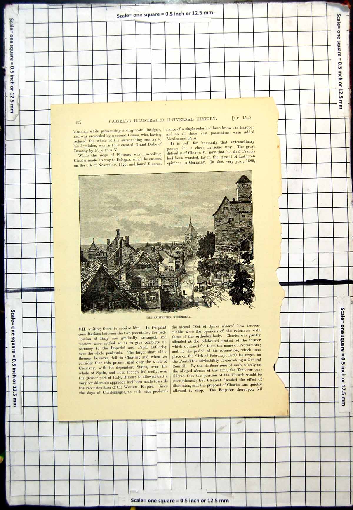 Original Old Antique Print Kaiserberg Nuremberg Buildings Street View People