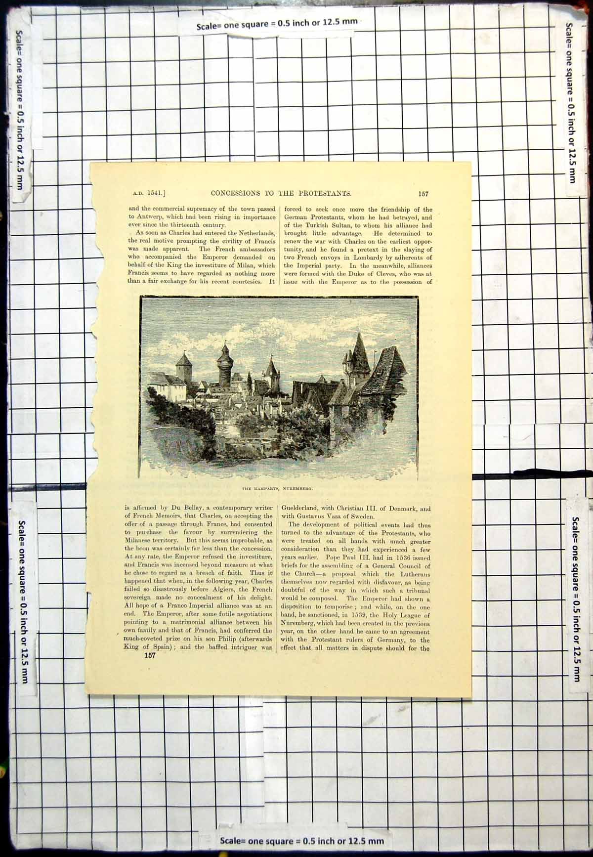 Original Old Antique Print The Ramparts Nuremberg Elevated View The Town