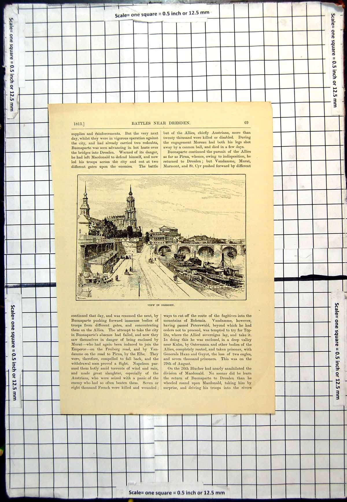 Original Old Antique Print View Dresden Waterside Ships Bridge Walkway People