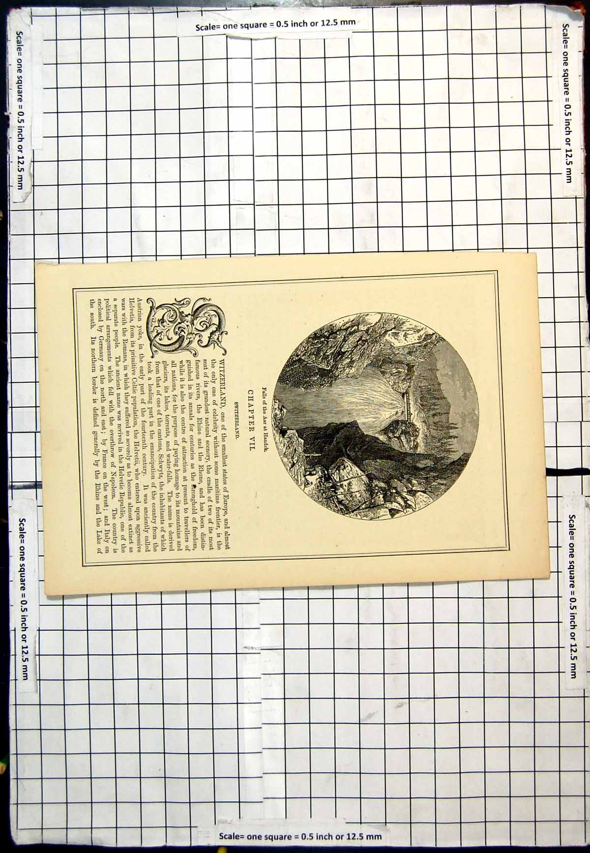 Original Old Antique Print Falls The Aar At Handek Switzerland Boulders Bridge