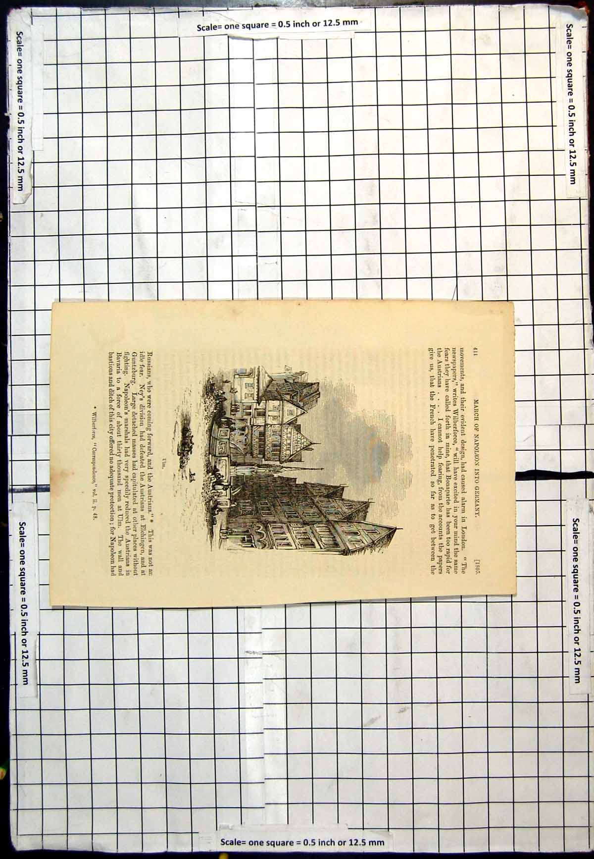 Old Antique Print Ulm Fountain Street View Tall Buildings Half-Timbered