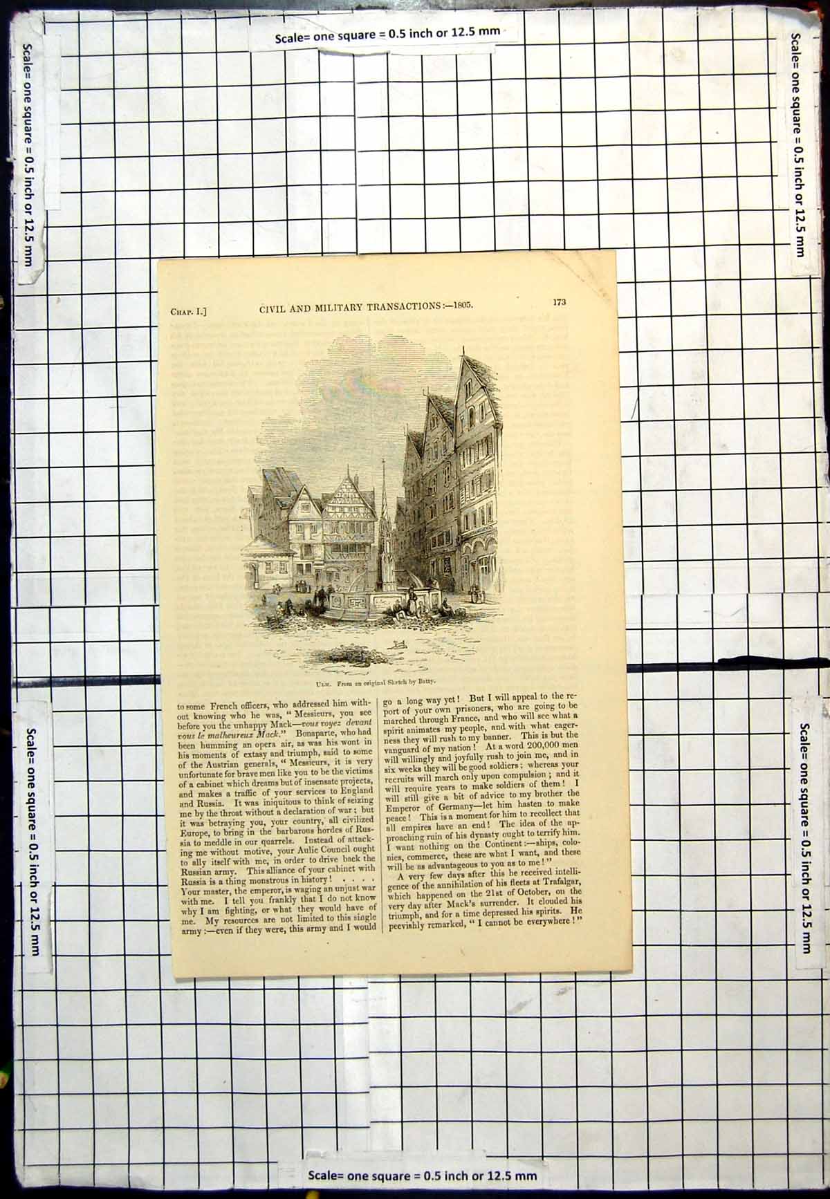 Antique Old Print Ulm Fountain Street View Tall Buildings From Sketch Batty