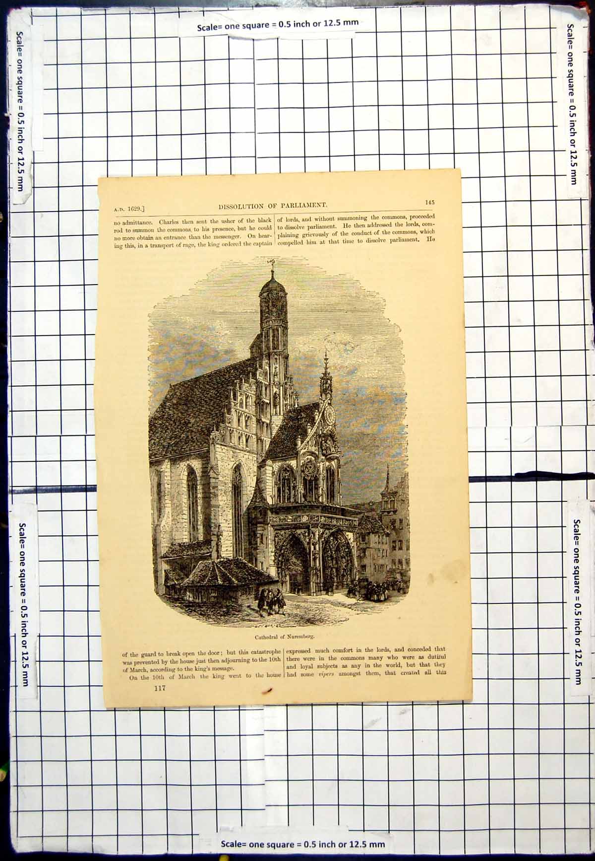 Original Old Antique Print Cathedral Nuremberg Exterior Part View People Street