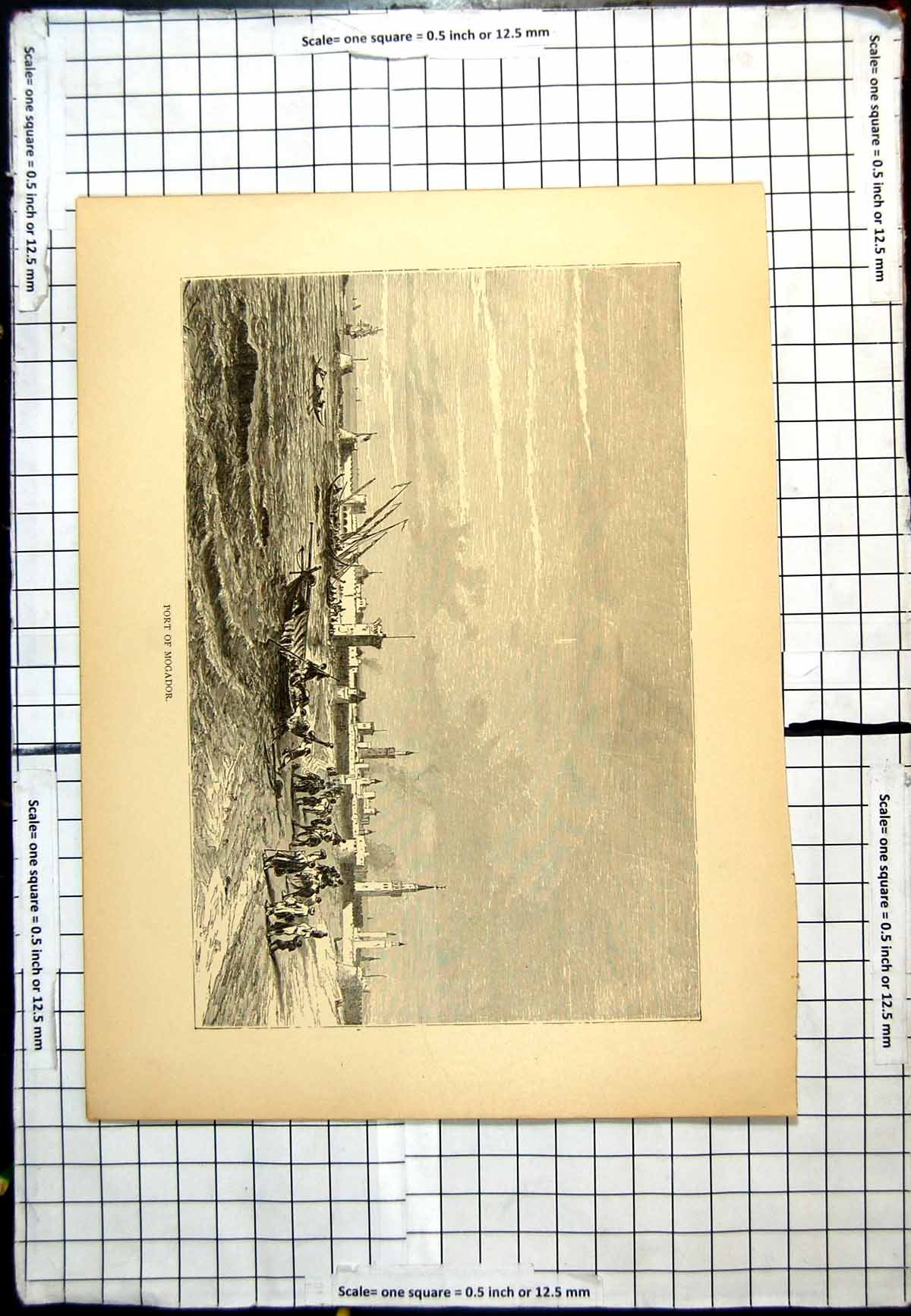 Original Old Antique Print Port Mogador Sail Boats Ship People Ashore Camels