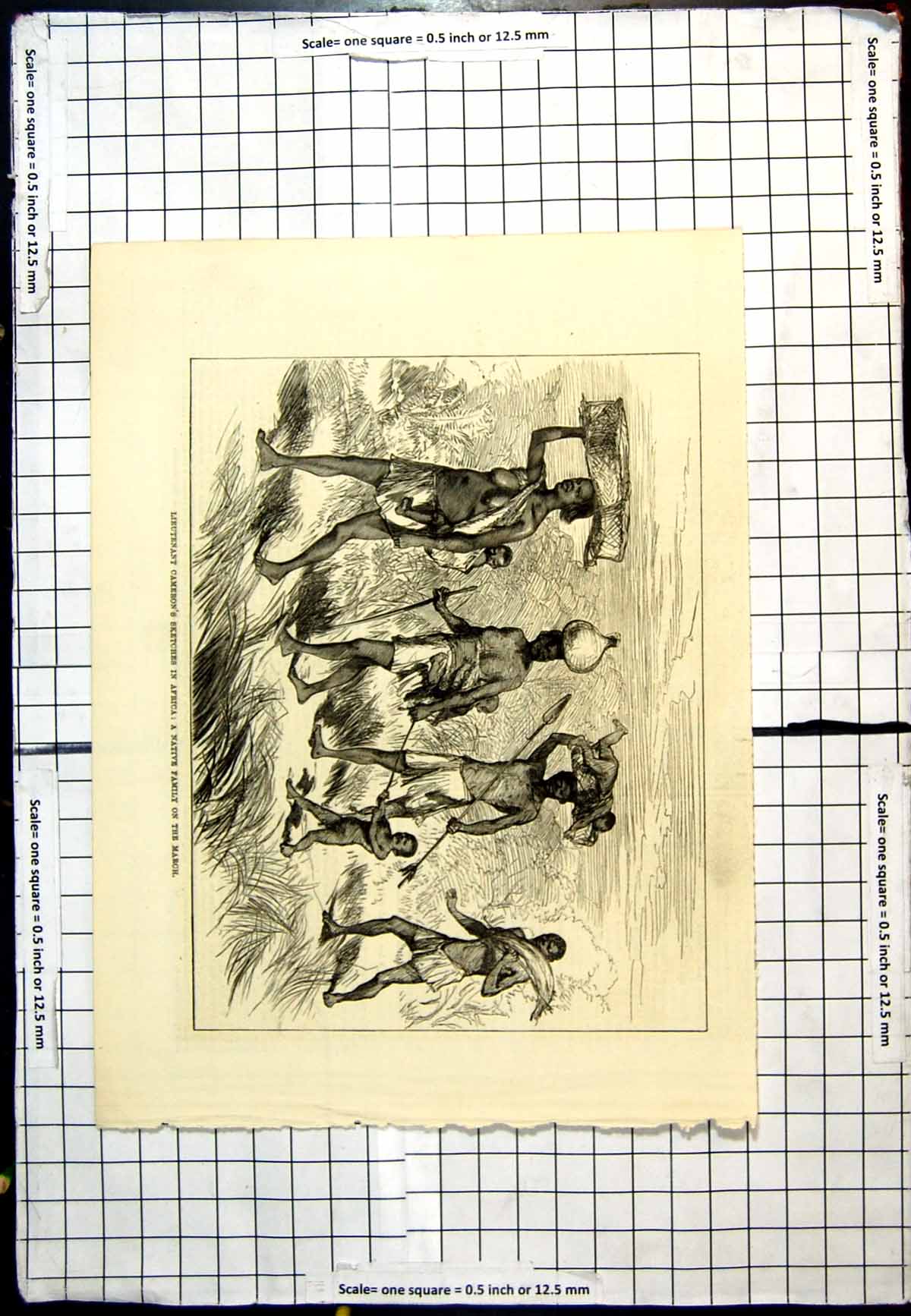 Original Old Antique Print Native Family March Lieutenant Cameron Sketch Africa