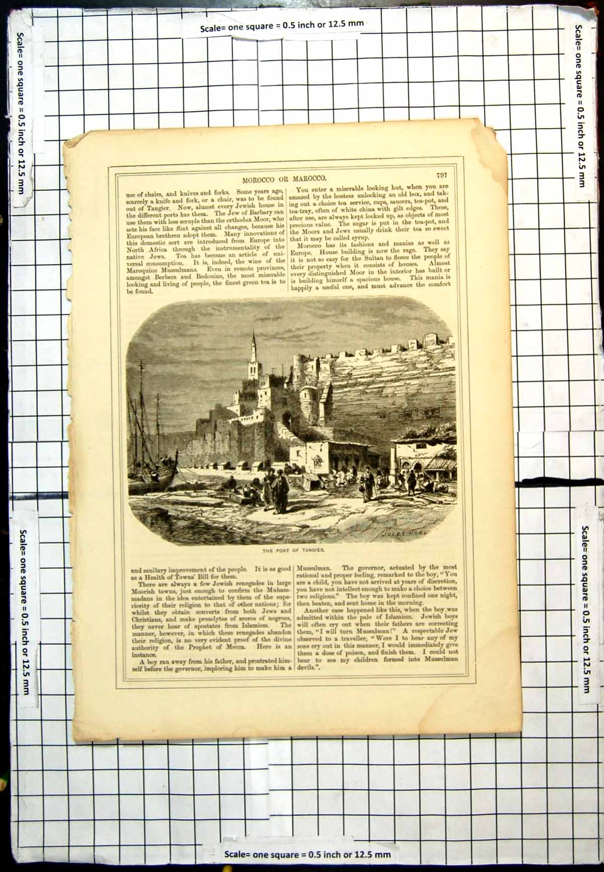Old Antique Print Port Tangier Ship Ashore People Coastal Edge High Walls