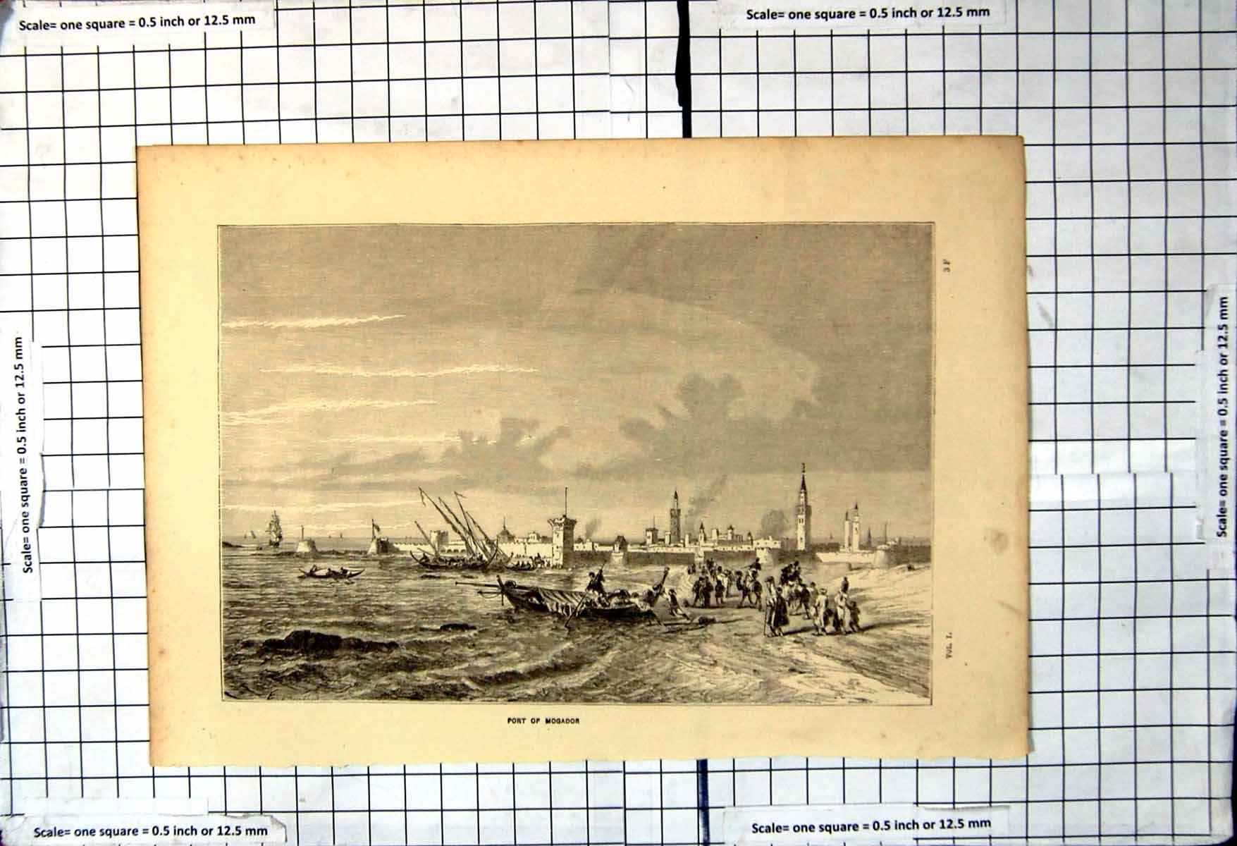 Antique Old Print Port Mogador Sail Boats Ship People Ashore Camels Towers