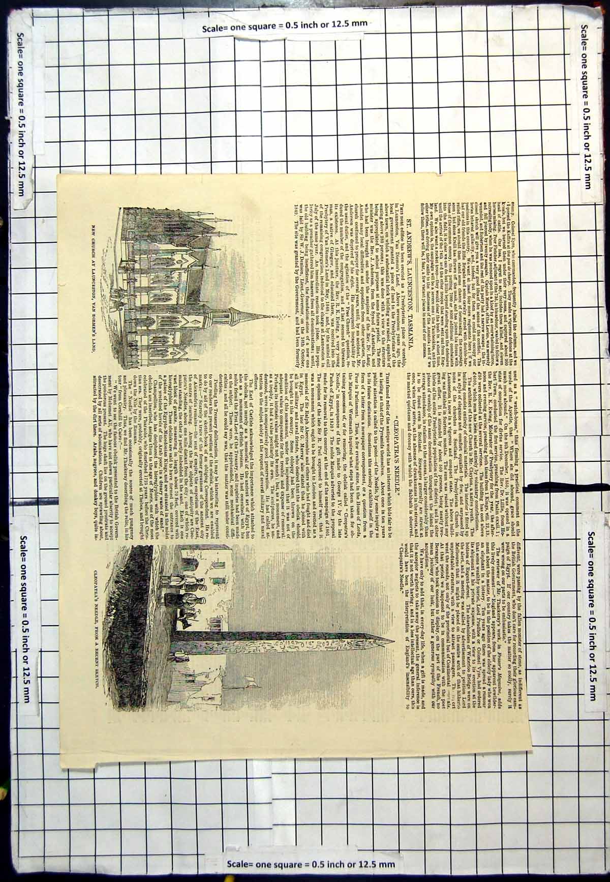 Antique Old Print New Church Launceston Van Diemen'S Land Cleopatra'S Needle