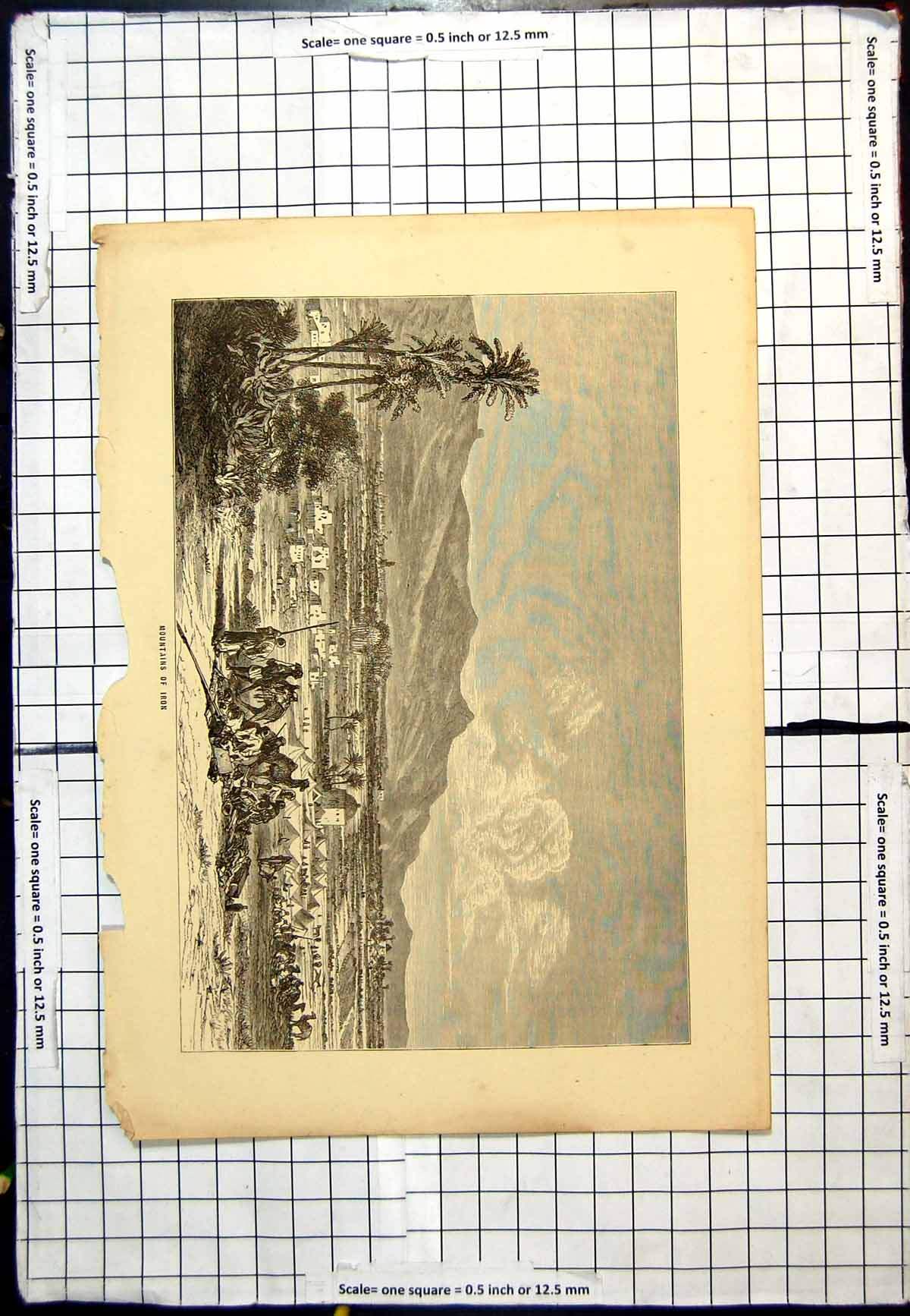 Old Antique Print Mountains Iron People With Camels Foreground Settlement