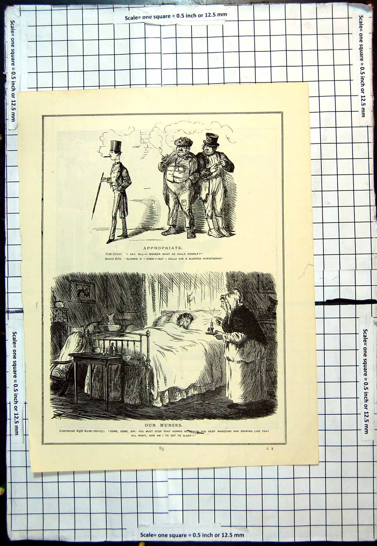 Antique Old Print Damaged Cartoons Bloated Aristocrat Night Nurse Wants Sleep
