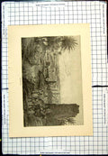 Antique Old Print Ouargla View Town Ruins Foreground Palm Trees People Horses
