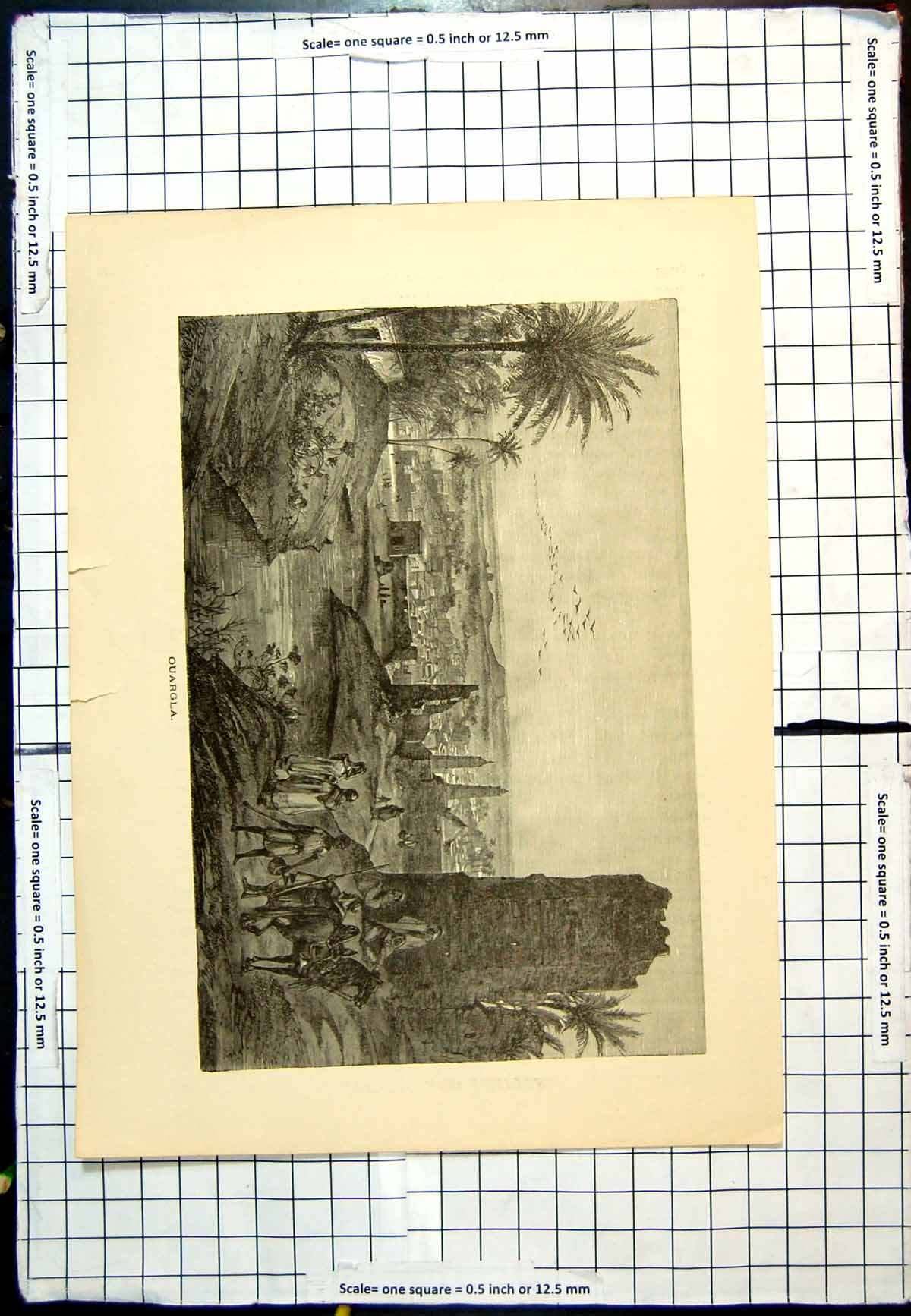Antique Old Print Ouargla View Town Ruins Foreground Palm Trees People Horses