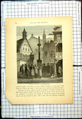 Antique Print Interior Town Simonswald Statue Market Area People Tall Hats