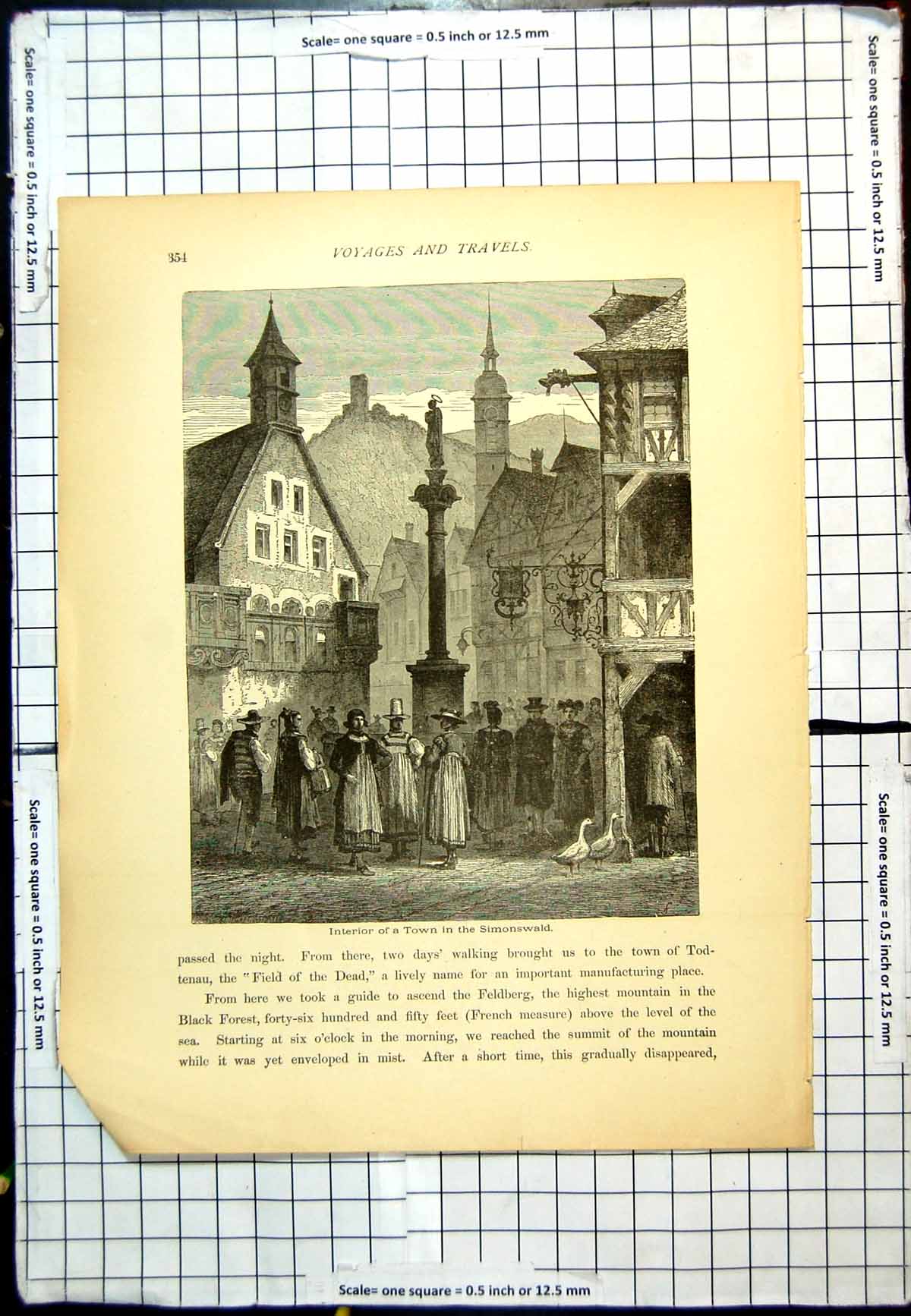 Antique Print Interior Town Simonswald Statue Market Area People Tall Hats
