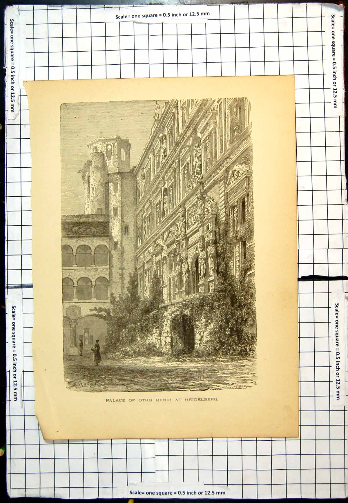 Original Old Antique Print Palace Otho Henri Heidelberg Arches Columns Statuary