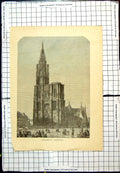 Old Antique Print Strasburg Cathedral Street Scene People Hats Parasols