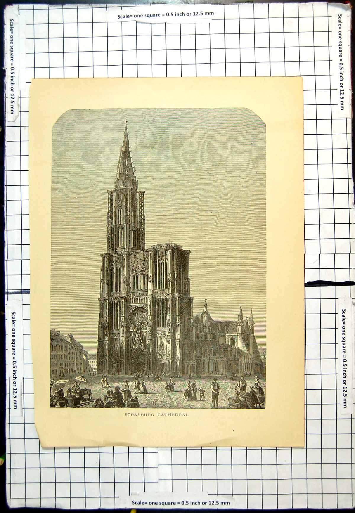 Old Antique Print Strasburg Cathedral Street Scene People Hats Parasols