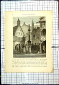 Antique Print Interior Town Simonswald Statue Covered Area People Tall Hats
