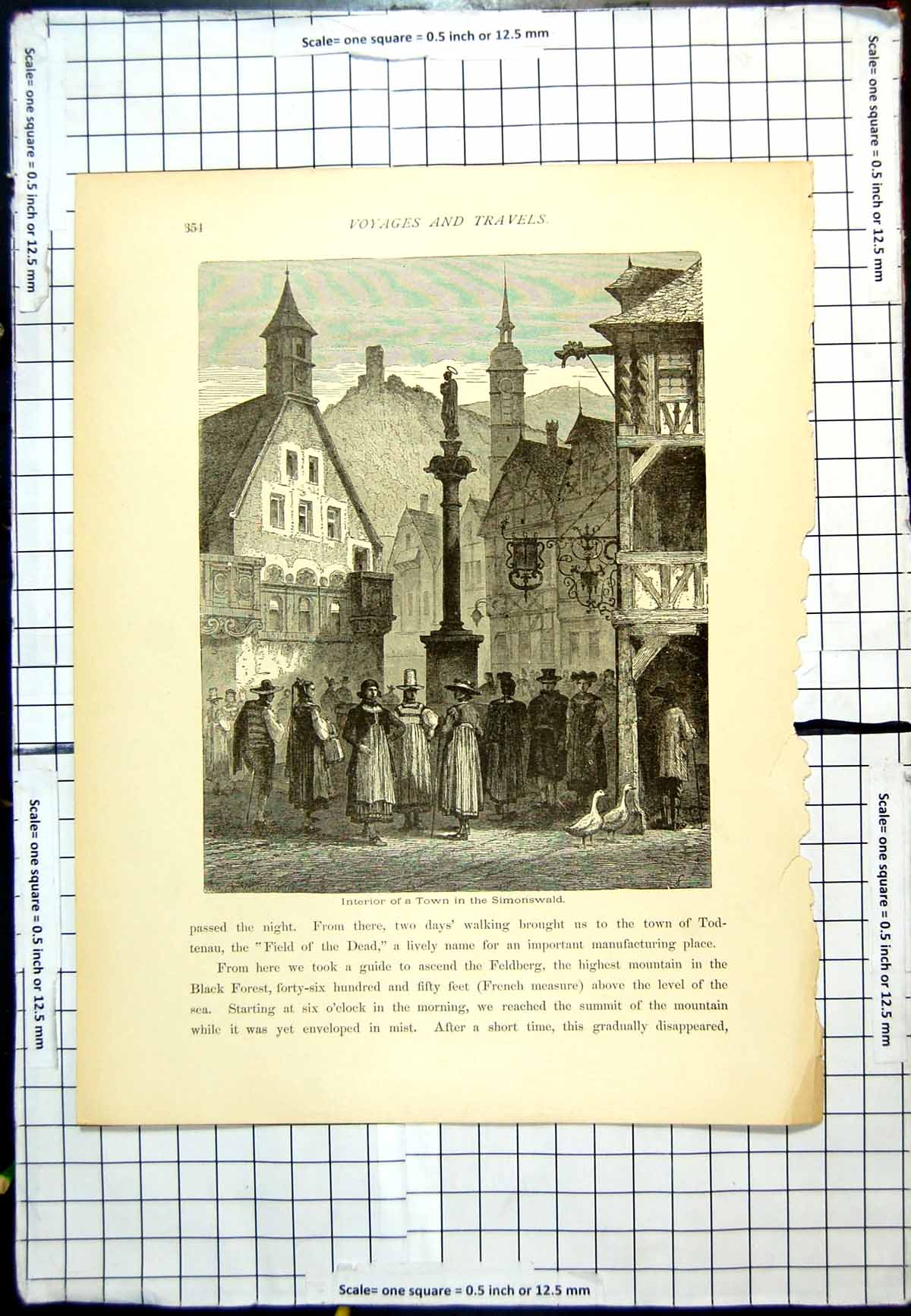 Antique Print Interior Town Simonswald Statue Covered Area People Tall Hats
