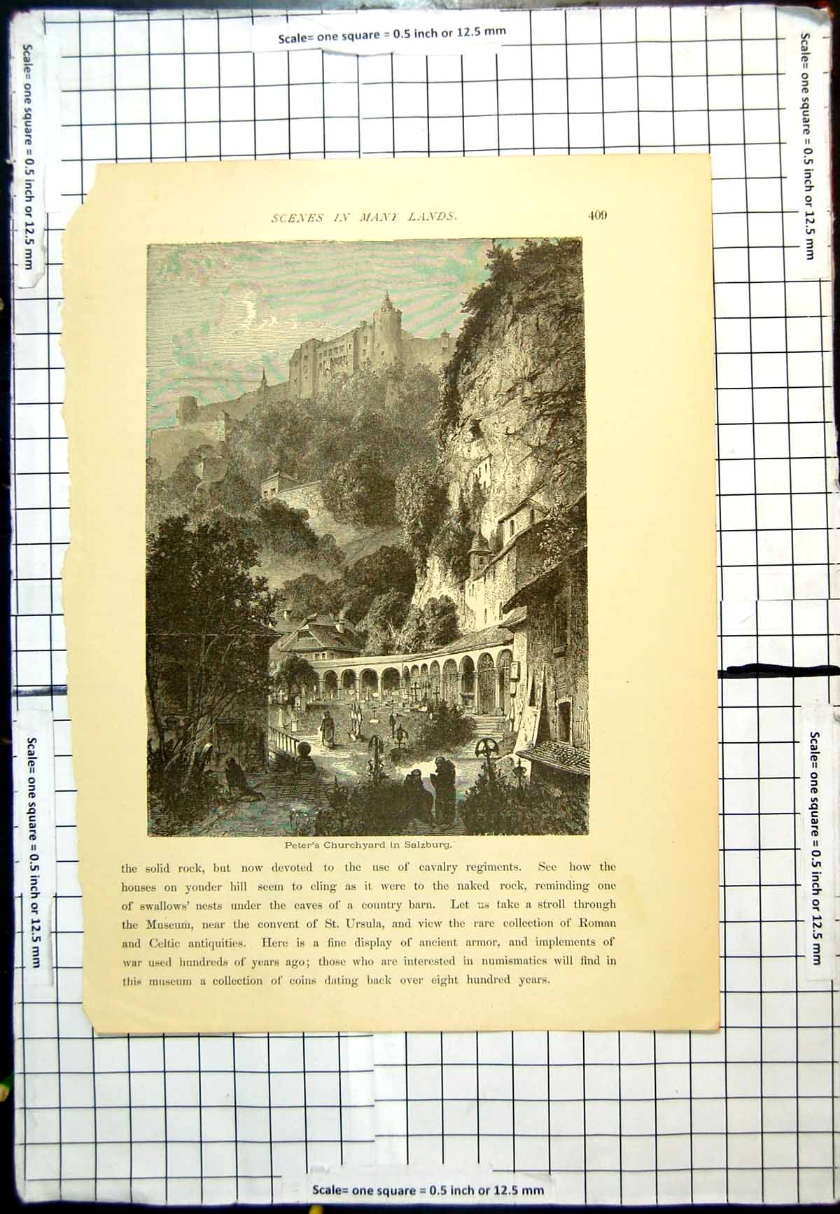 Antique Old Print Peter'S Churchyard Salzburg Archways Cliffs People Trees