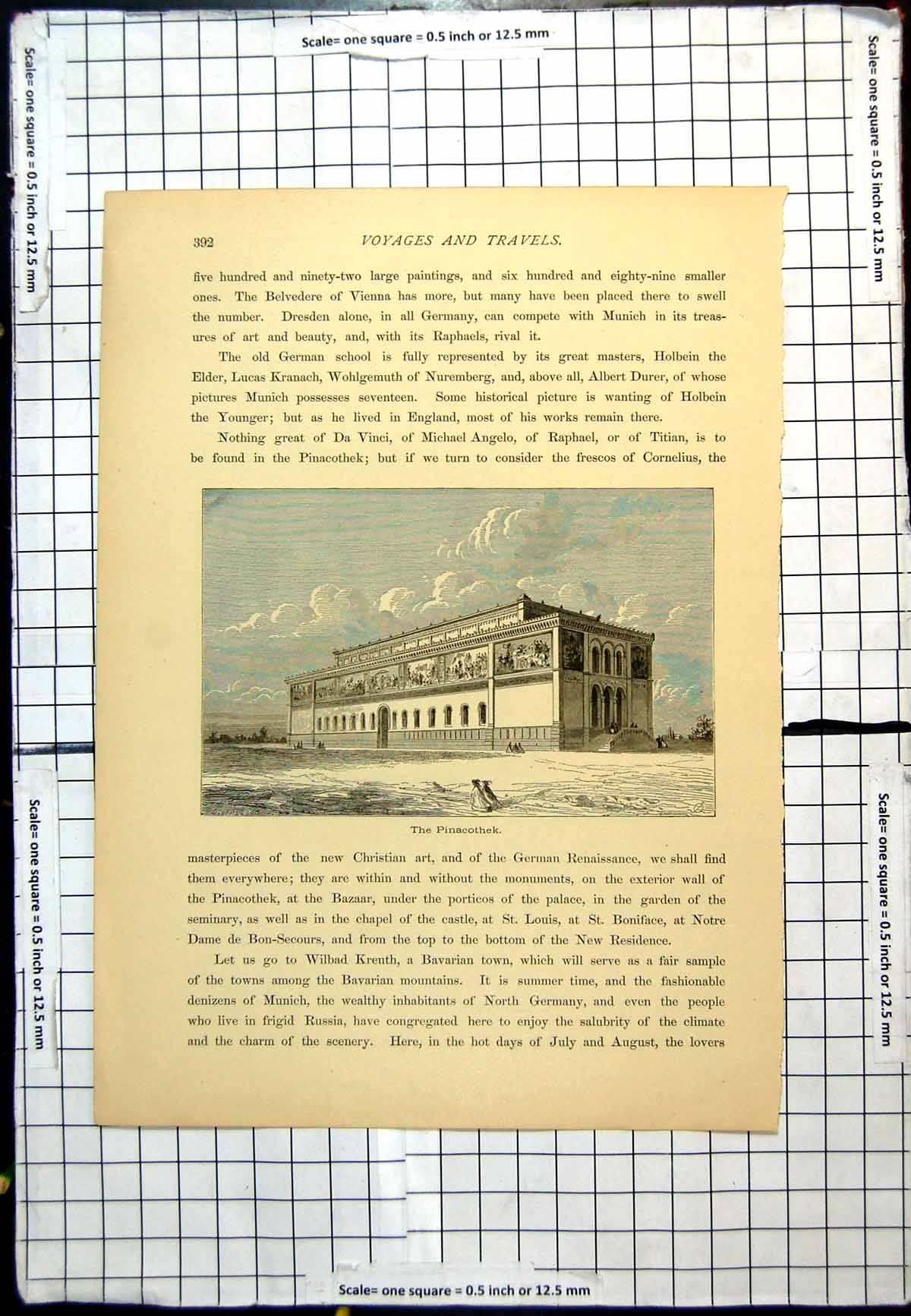 Antique Old Print Pinacothek Massive Building External View Frescoes People