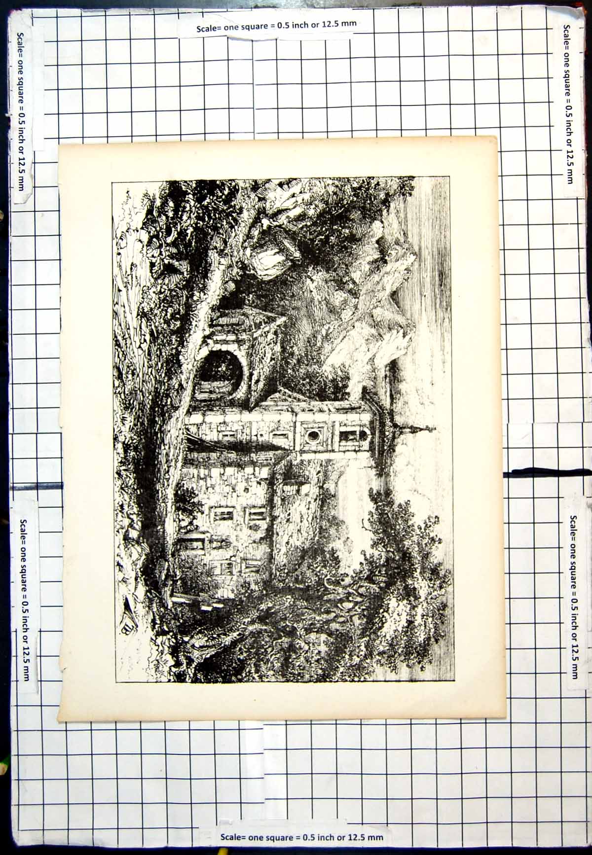 Original Old Antique Print Church In Mountain Scenery Tb Trees Tiled Ro