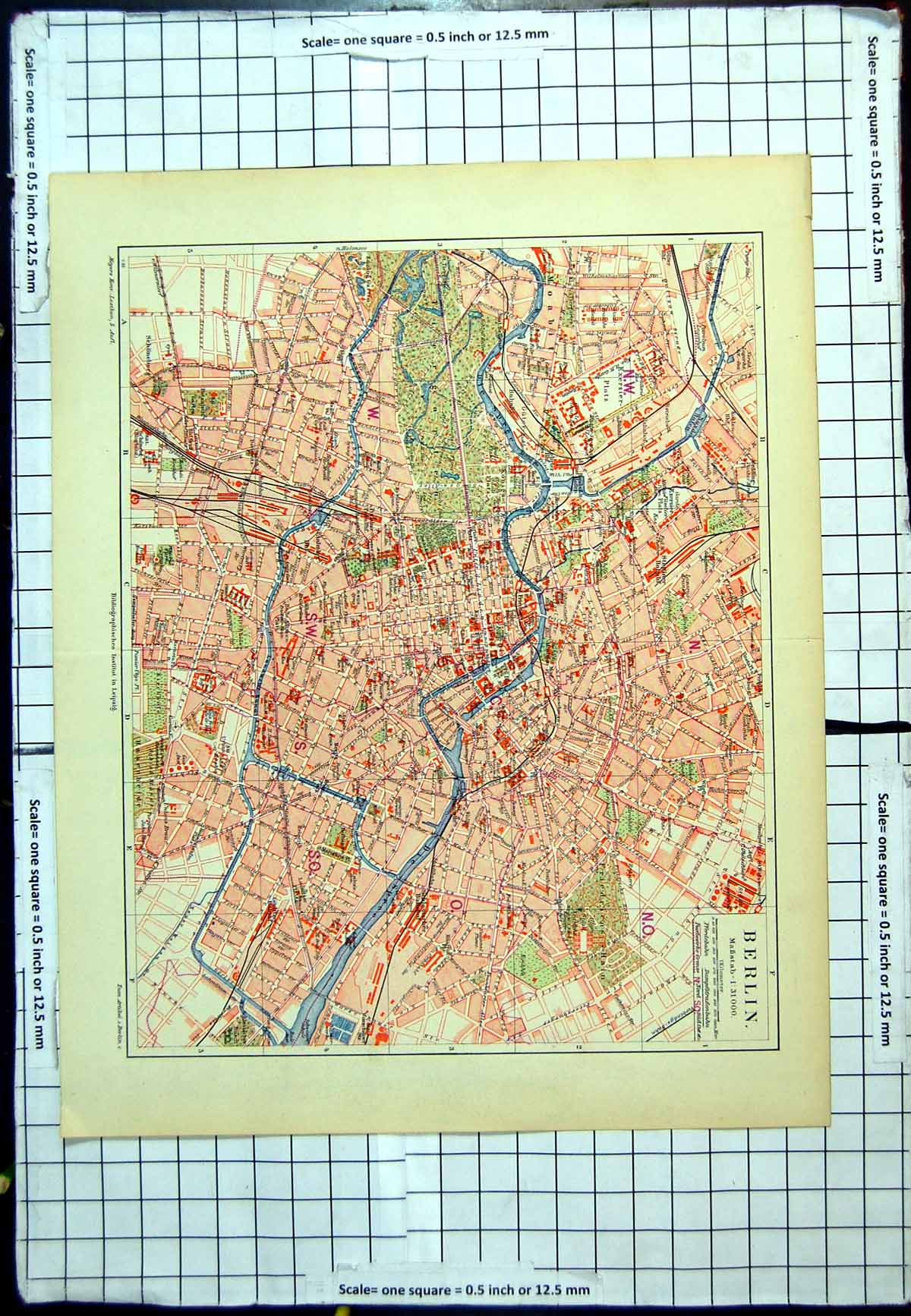 Old Antique Print Map Berlin Colour River Spree Canals Street Names Parks