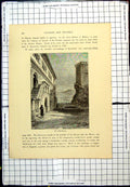 Original Old Antique Print Wartburg Street Scene Men Walking Well Tower Steps