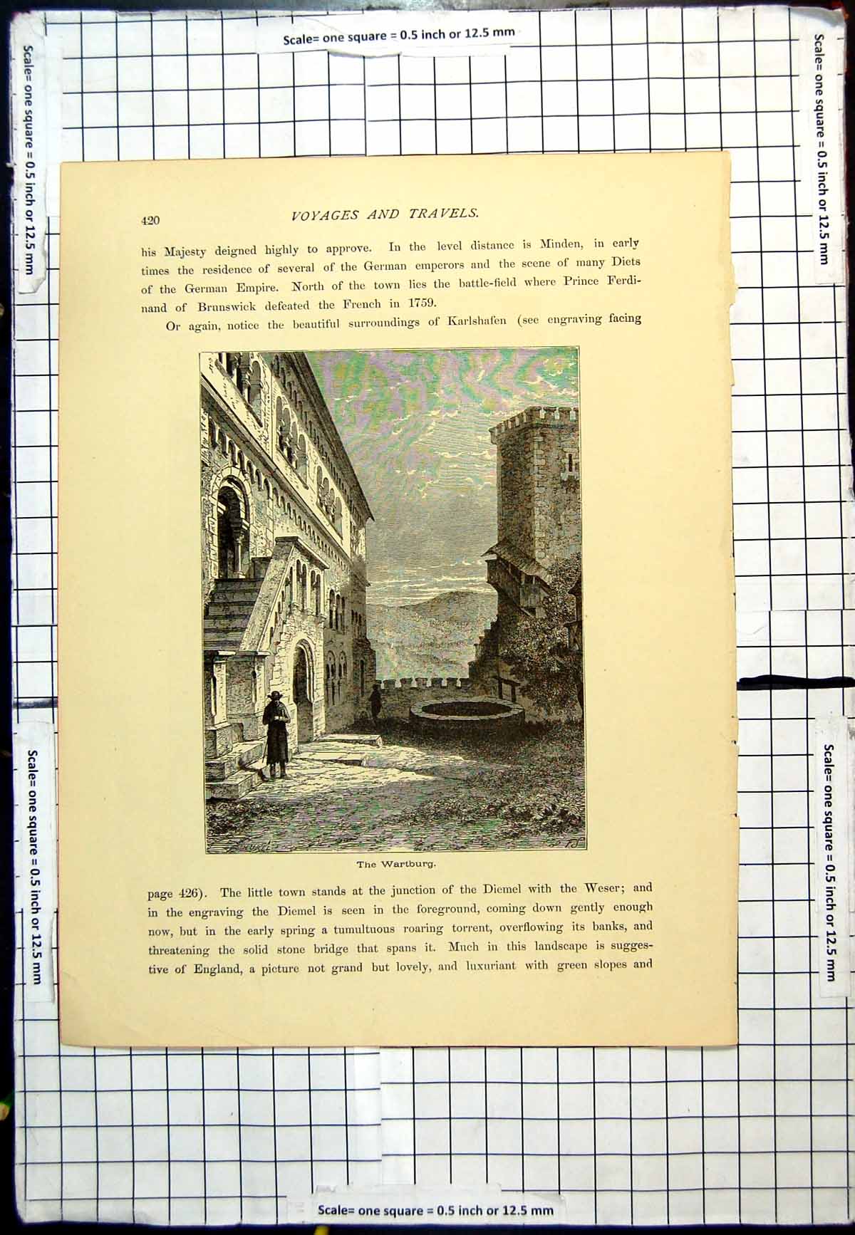 Original Old Antique Print Wartburg Street Scene Men Walking Well Tower Steps