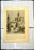 Old Antique Print Castle Unnoth Waterside Bridge Man Boat Punting Towers