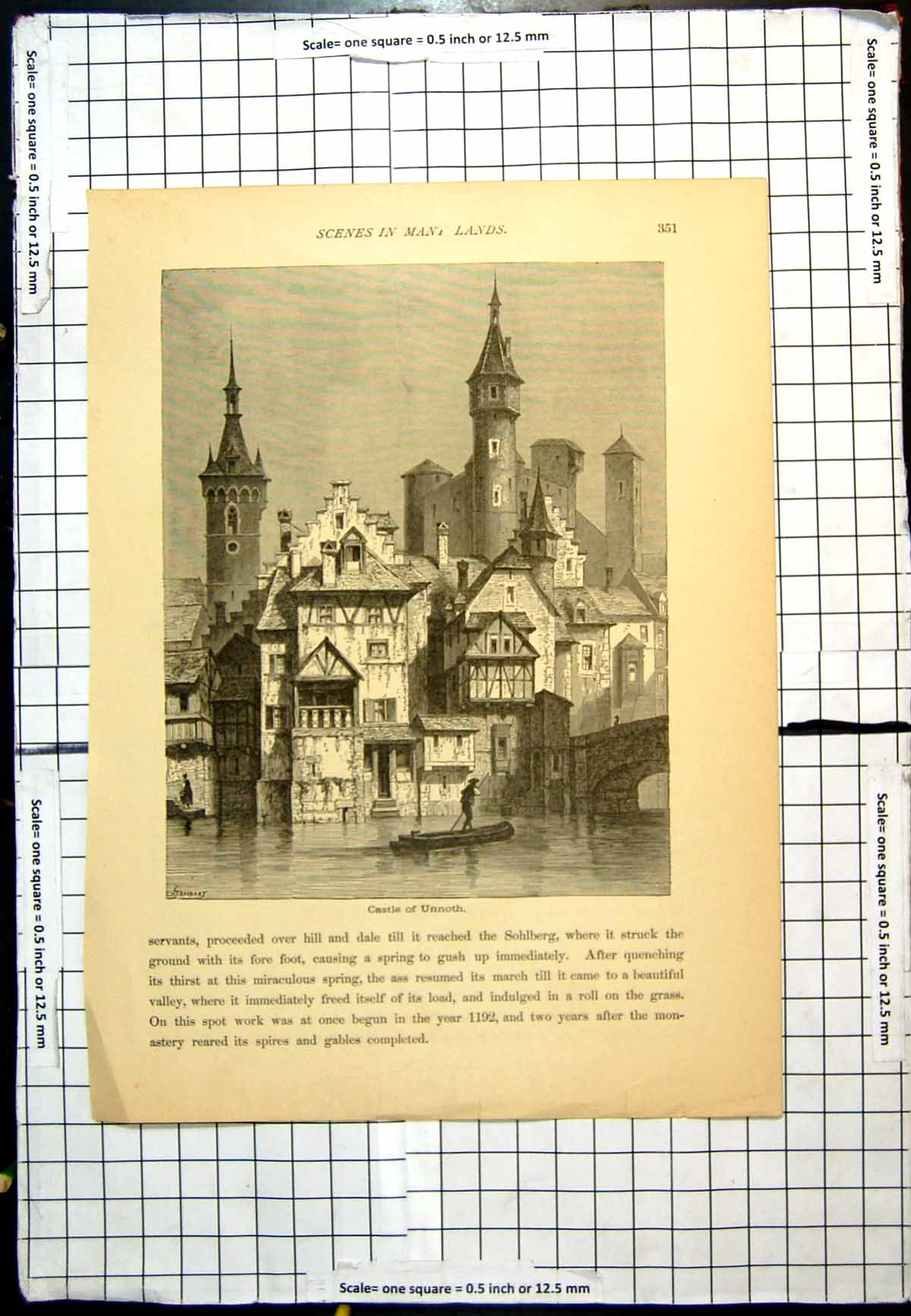 Old Antique Print Castle Unnoth Waterside Bridge Man Boat Punting Towers