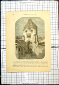 Antique Old Print National Gate Horses Carriages People Walking High Walls