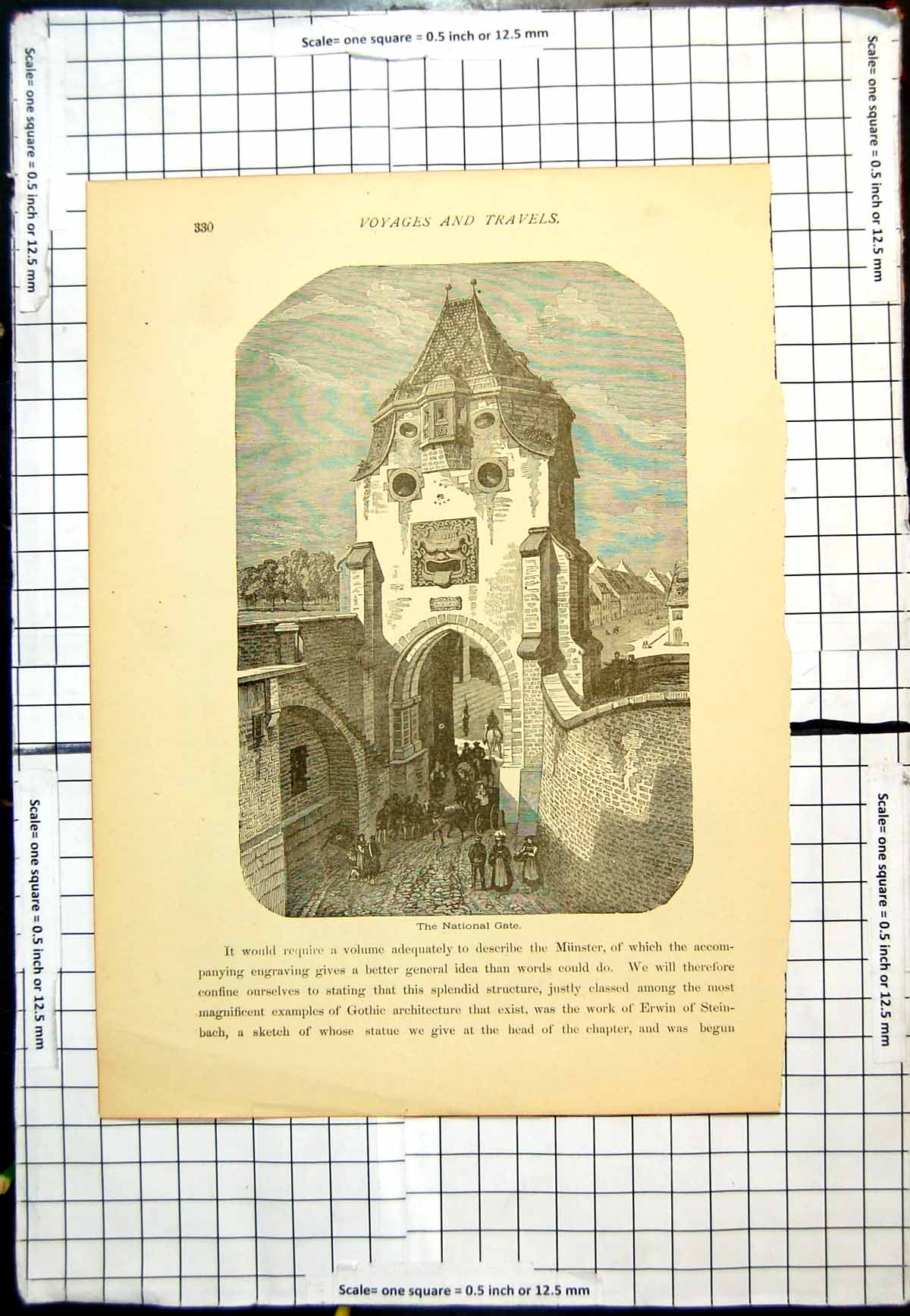 Antique Old Print National Gate Horses Carriages People Walking High Walls