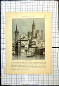Old Antique Print Castle Unnoth Waterside Bridge Man Boat Punting Towers