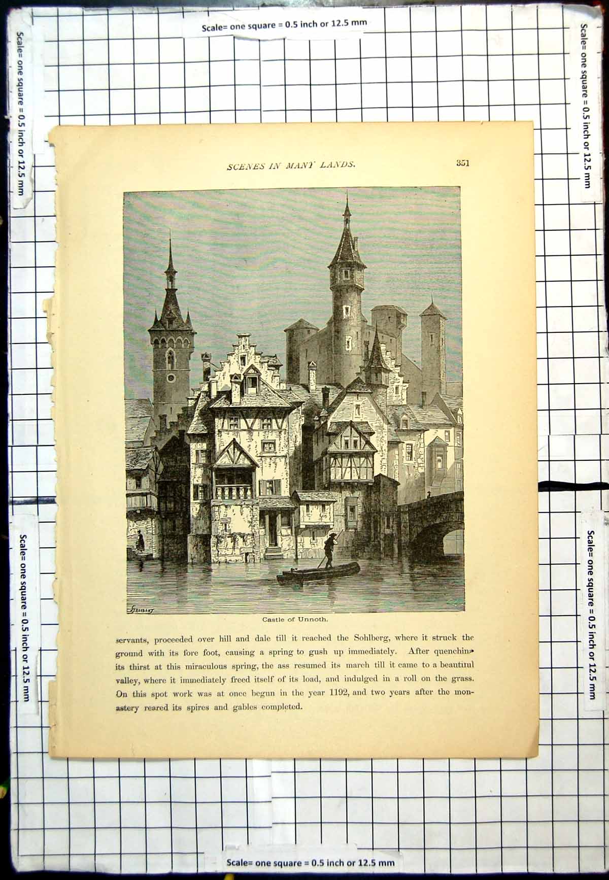 Old Antique Print Castle Unnoth Waterside Bridge Man Boat Punting Towers