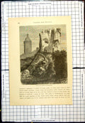 Original Old Antique Print Ruins Castle At Heidelberg Bushes Modern Bell Tower