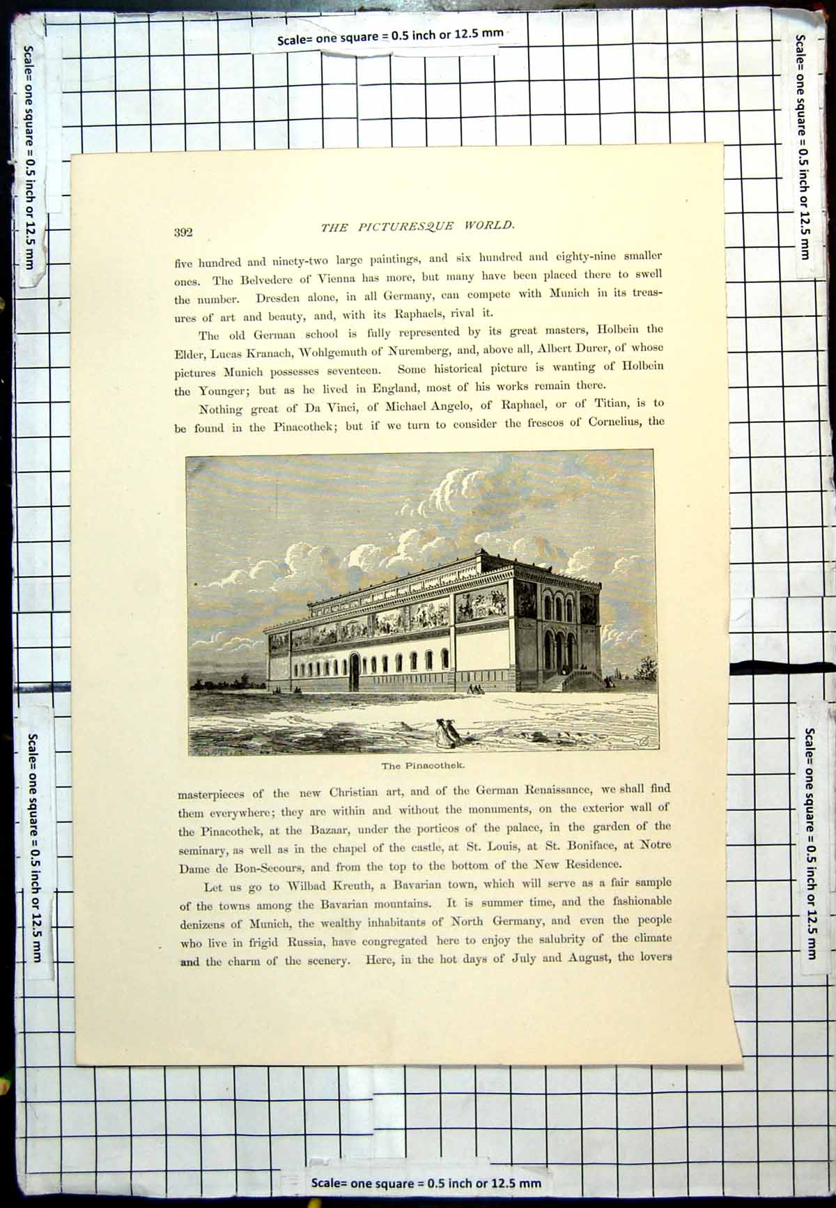 Antique Old Print Pinacothek Massive Building External View Frescoes Women