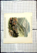 Original Old Antique Print Hornberg Coloured View Town Cliffs Mountains Trees