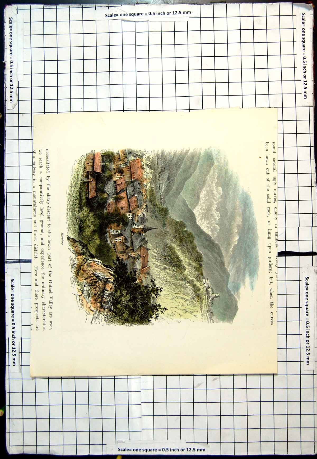 Original Old Antique Print Hornberg Coloured View Town Cliffs Mountains Trees