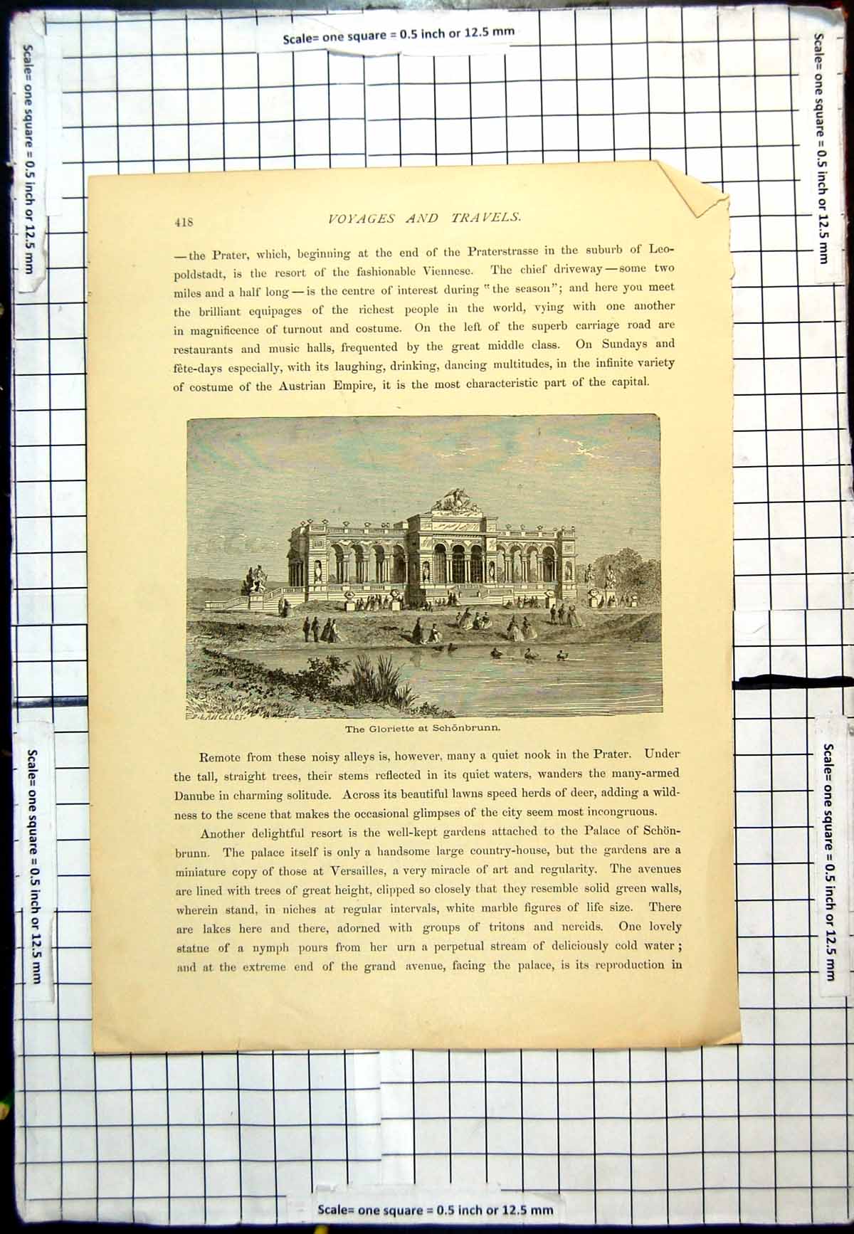 Antique Old Print Gloriette At Schonbrunn Columned Building People Outside