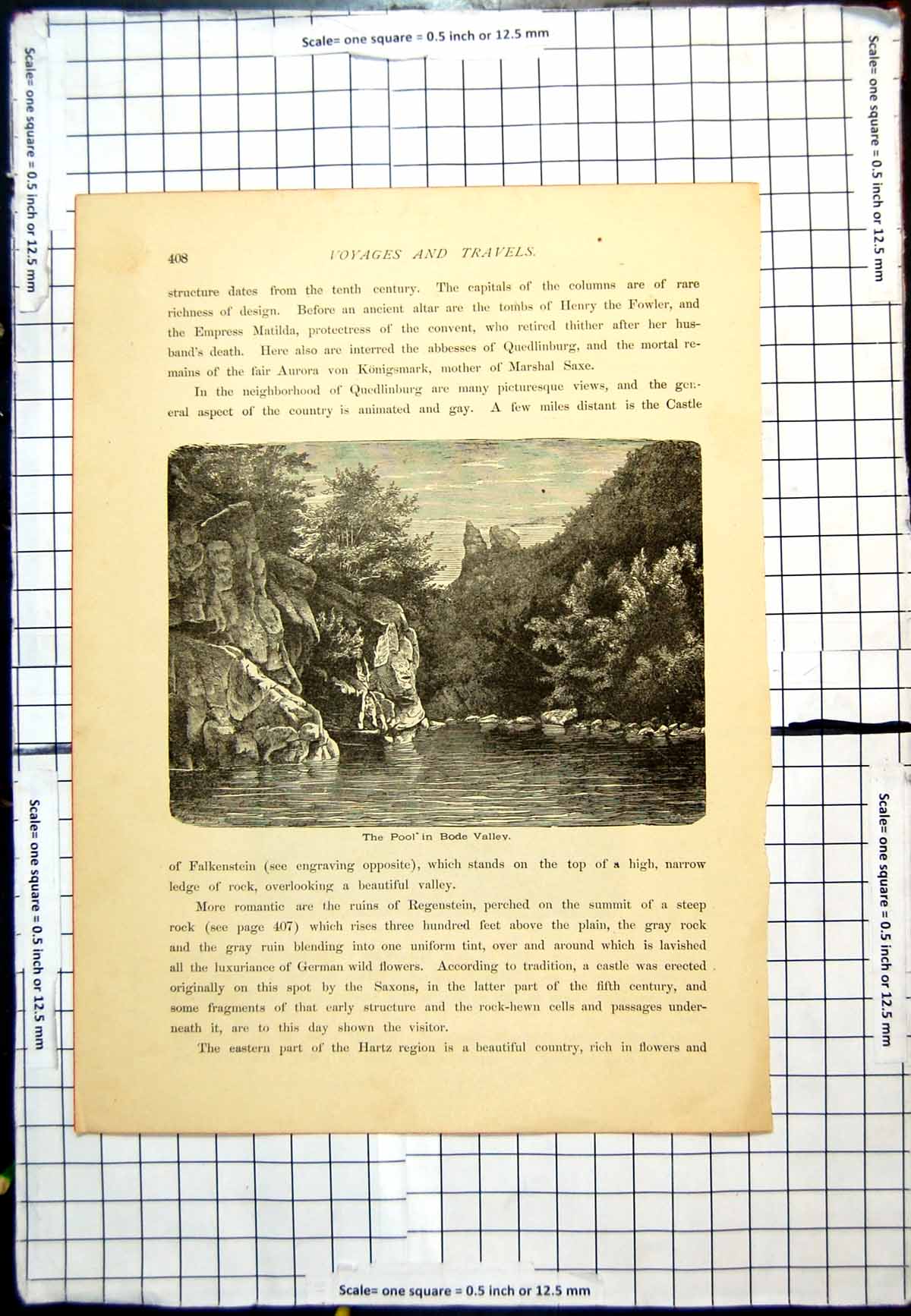 Original Old Antique Print Pool Bode Valley Water Rocks Vegetation Trees
