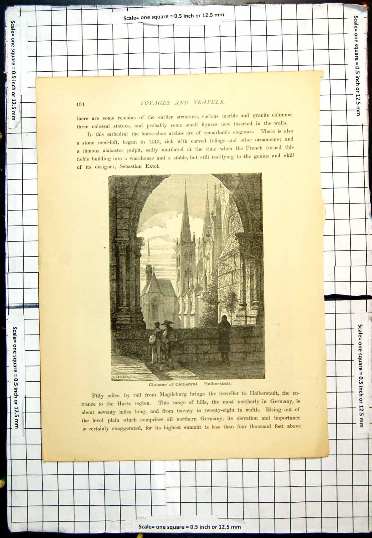 Original Old Antique Print Cloister Cathedral Halberstadt People Hat Dress