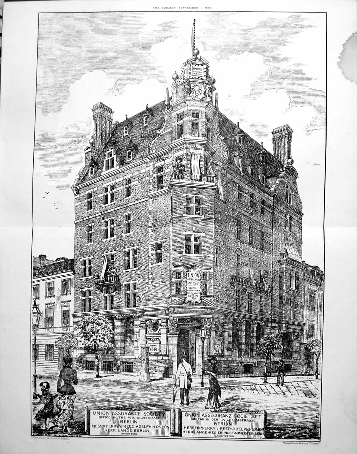 Old Antique Print Union Assurance Society Office Wilhelmstrasse Berlin