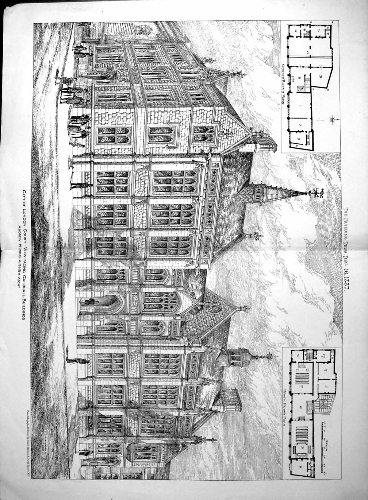 Old Antique Print City London Court View Facing Guildhall Buildings 1887 19th