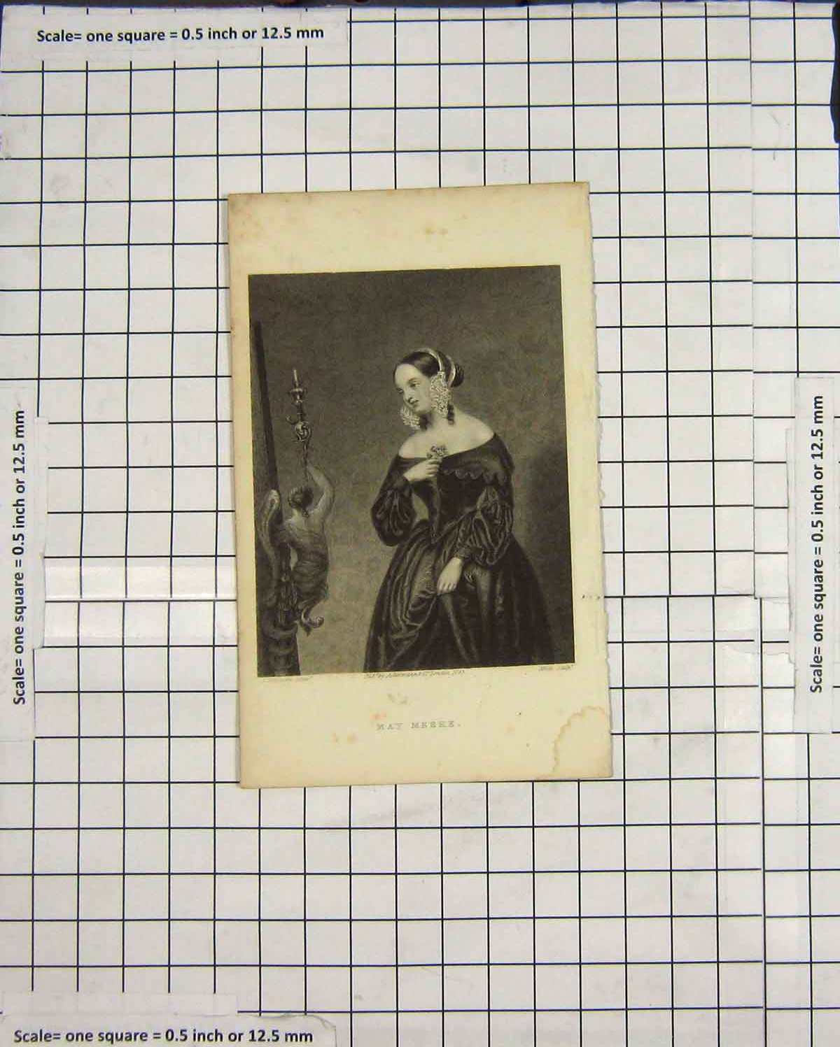 Original Old Antique Print Portrait 1843 May Meeke Engraving 19th