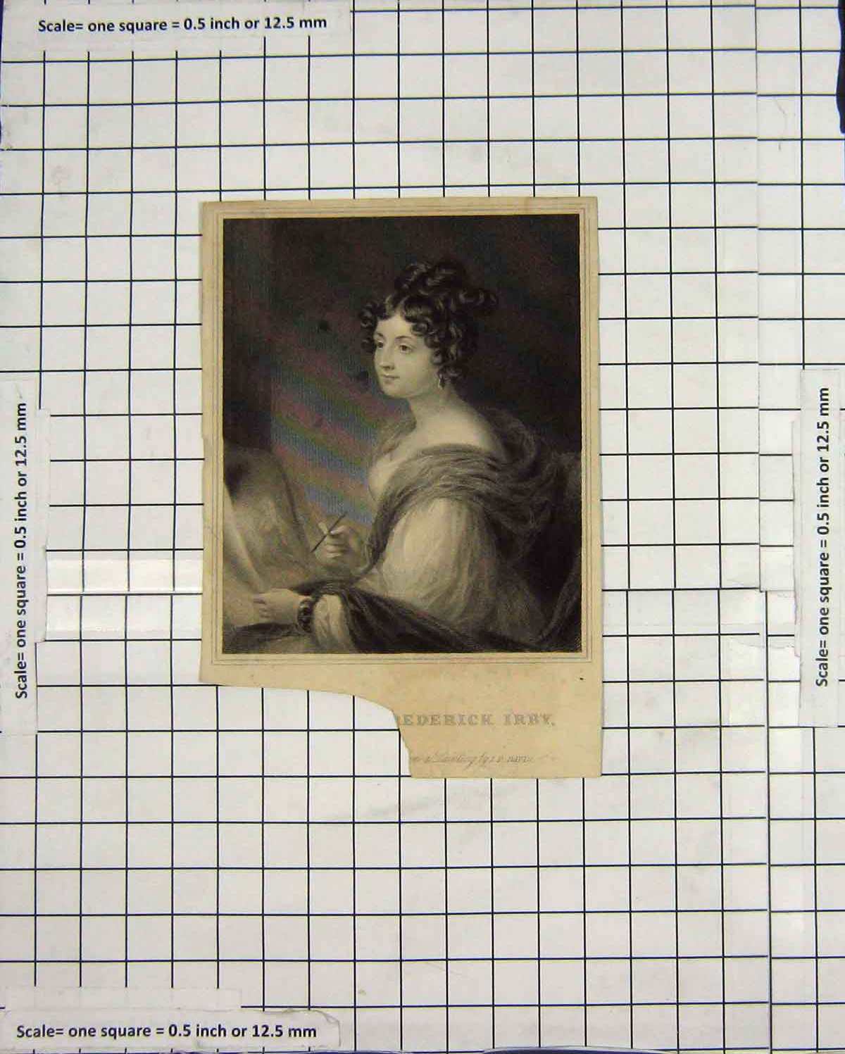 Original Old Antique Print Damaged Portrait Mrs Frederick Irby Engraving